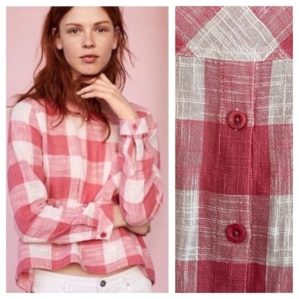 Anthropologie Cloth & Stone Pink White Plaid Linen Blend Button Back Top